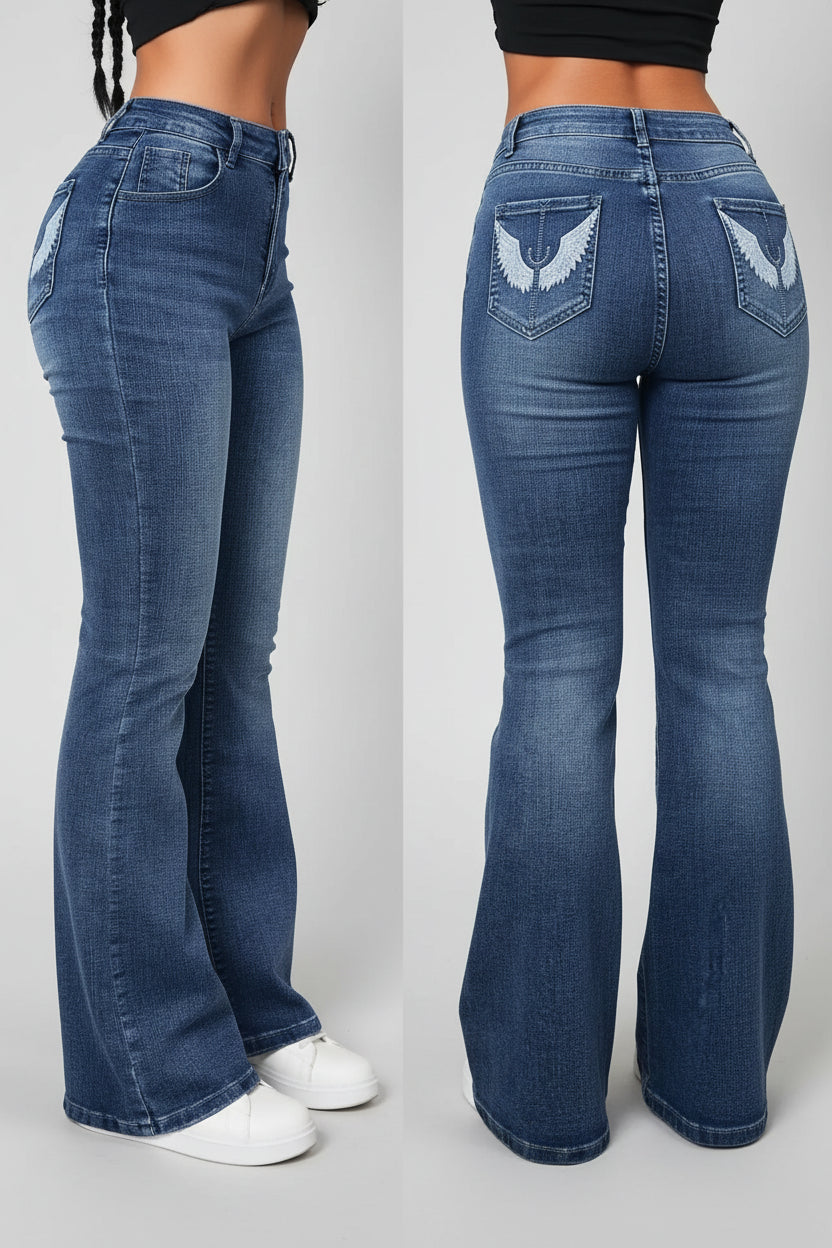 Jeans Flare Y2K con Bordado de Alas | Tiro Alto Elástico | Estilo Retro Festival