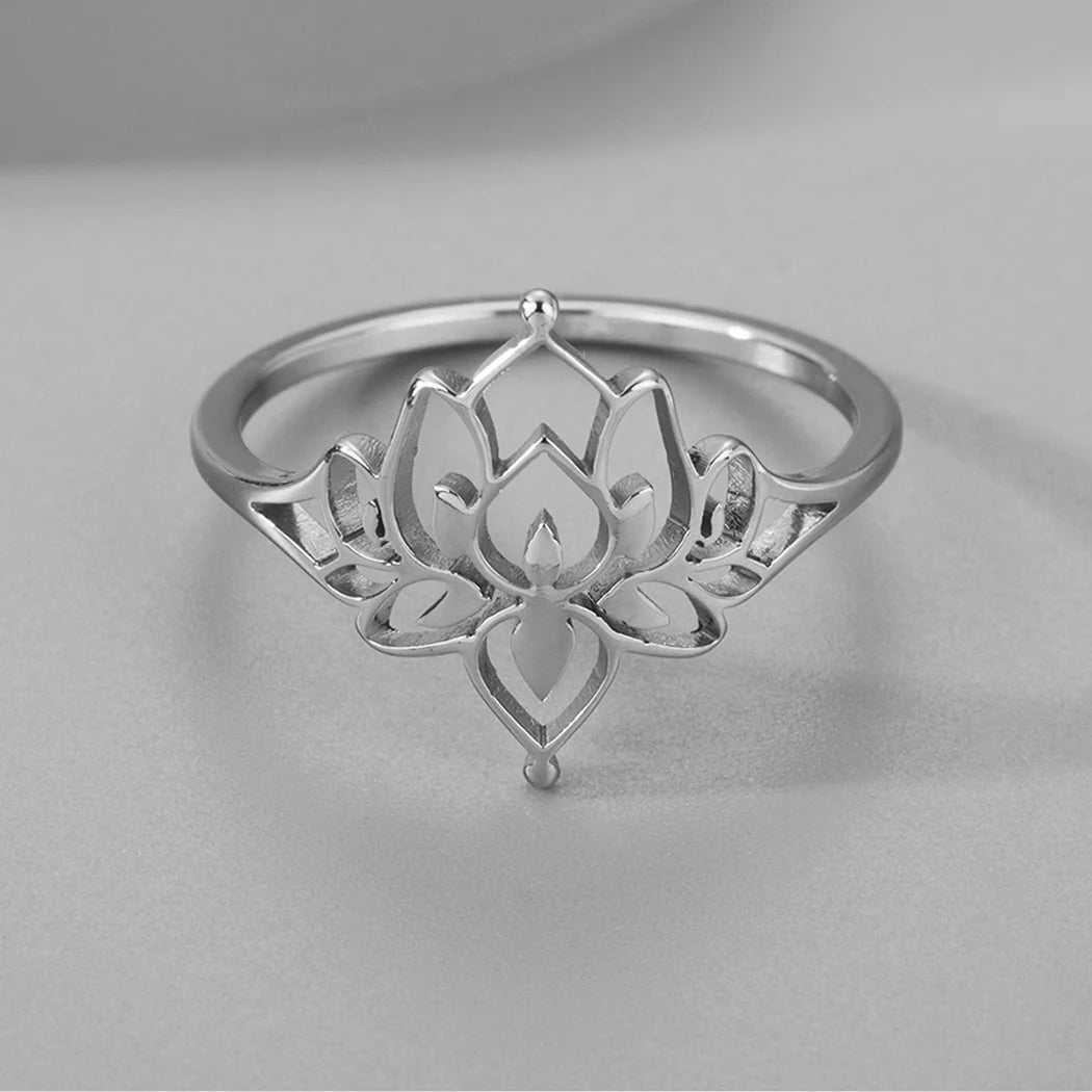 Anillo Loto Oxidado Acero Inoxidable Mujer