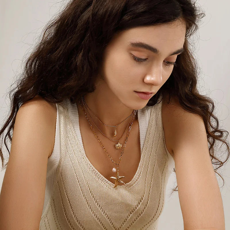 Collar Colgante Estrella de Mar Concha y Perla 3 en 1 para Mujer