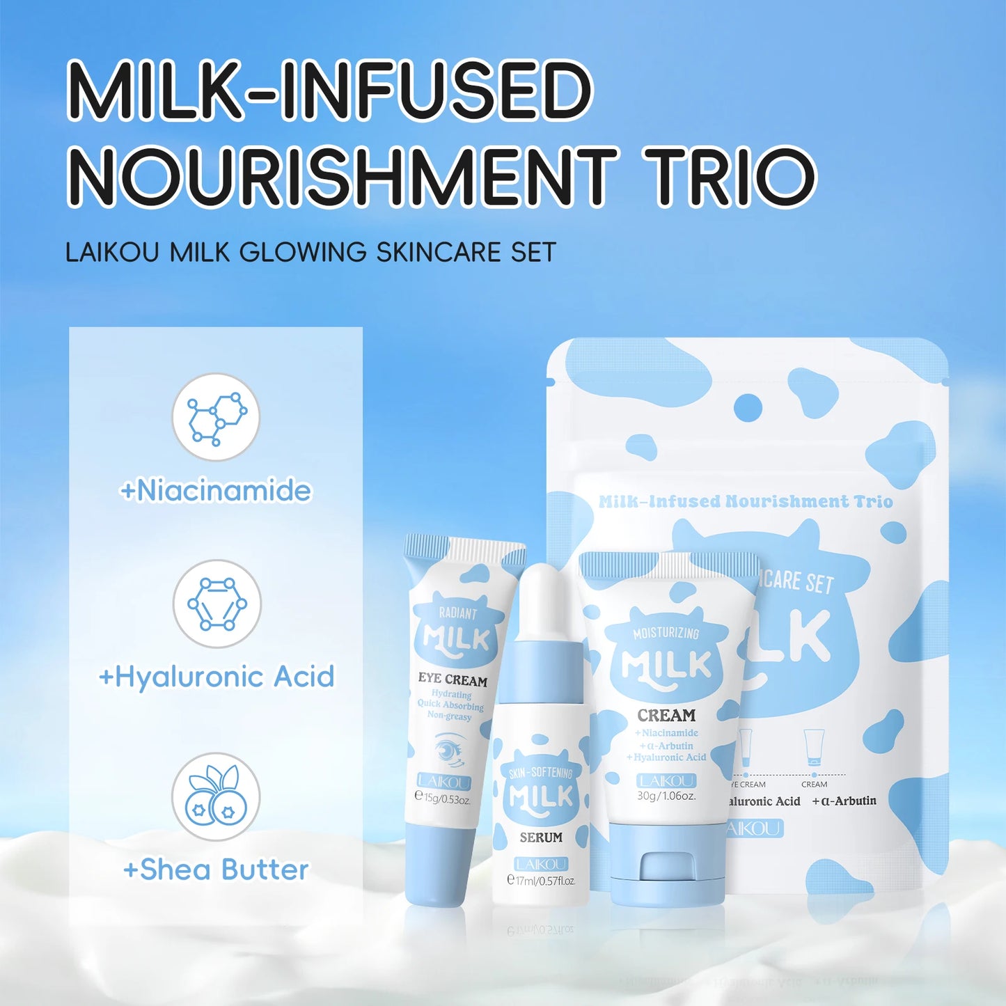 Set Trío LAIKOU Milk Glow - Sérum, Contorno de Ojos e Hidratante