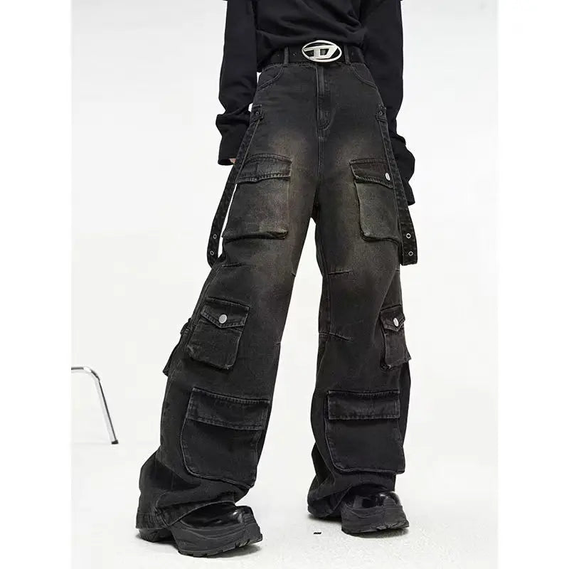 2025 Y2K European and American Harajuku Wide Loose Jeans Wide Legs Gothic Punk Multi-Pocket Hip-hop Washed New High Street Y2k