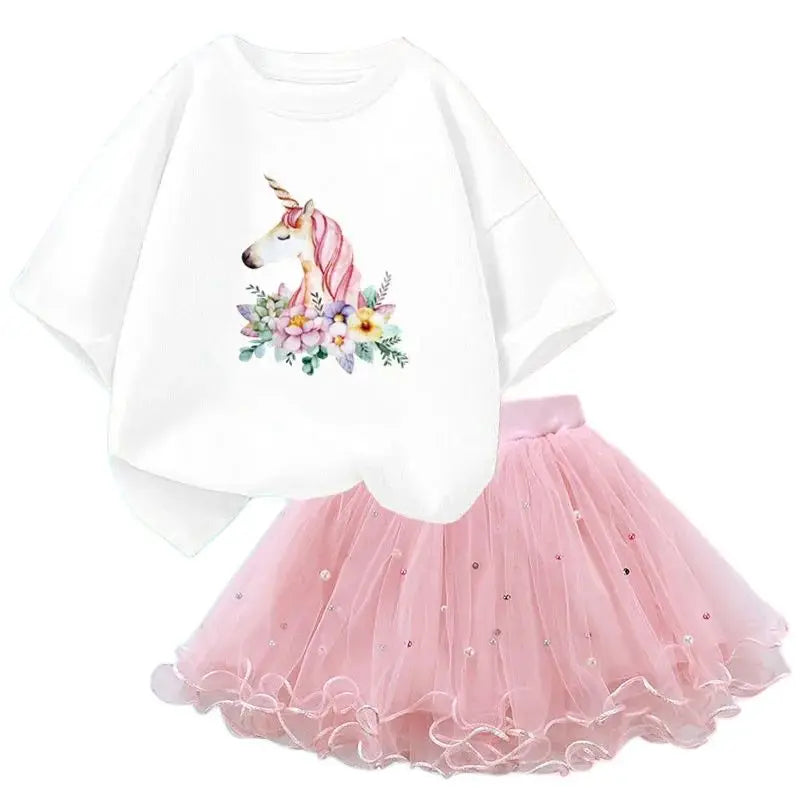Fashion Summer Girls Clothes Korean Pretty T Shirt&mesh Tutu Skirt Two Piece Outfits Set 3-14 Year Children Party Clothing