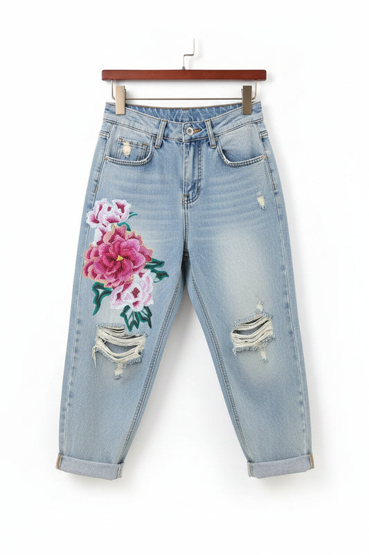 Pantalones Vaqueros Bordados Ethnic Love – Cintura Alta Elástica Corte Harem para Mujer