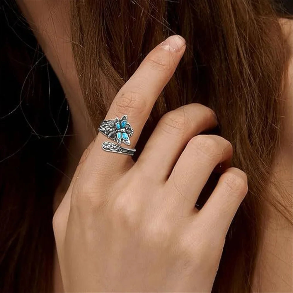 Anillo Vintage Flor Libellúla Ópalo Azul Ajustable Unisex