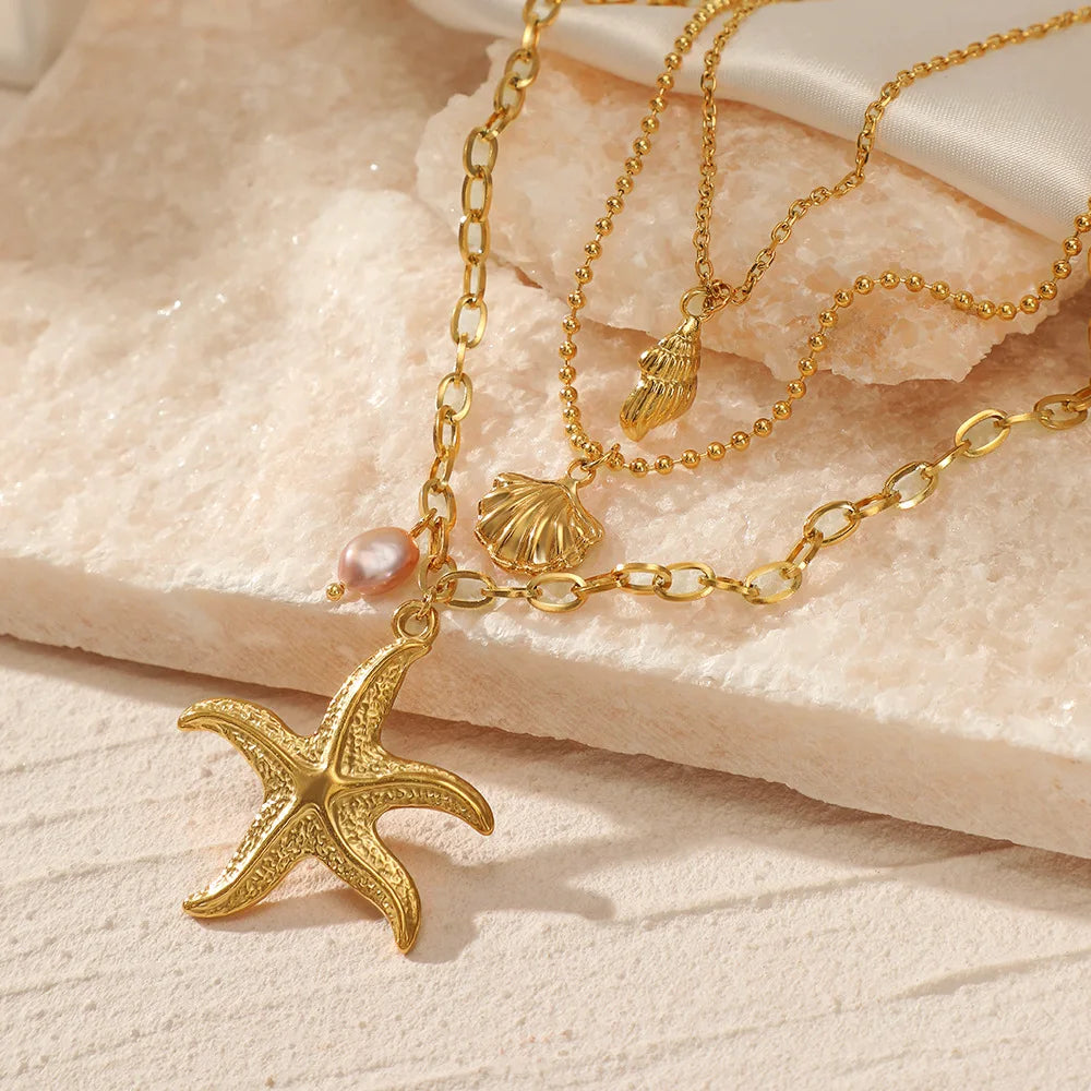 Collar Colgante Estrella de Mar Concha y Perla 3 en 1 para Mujer