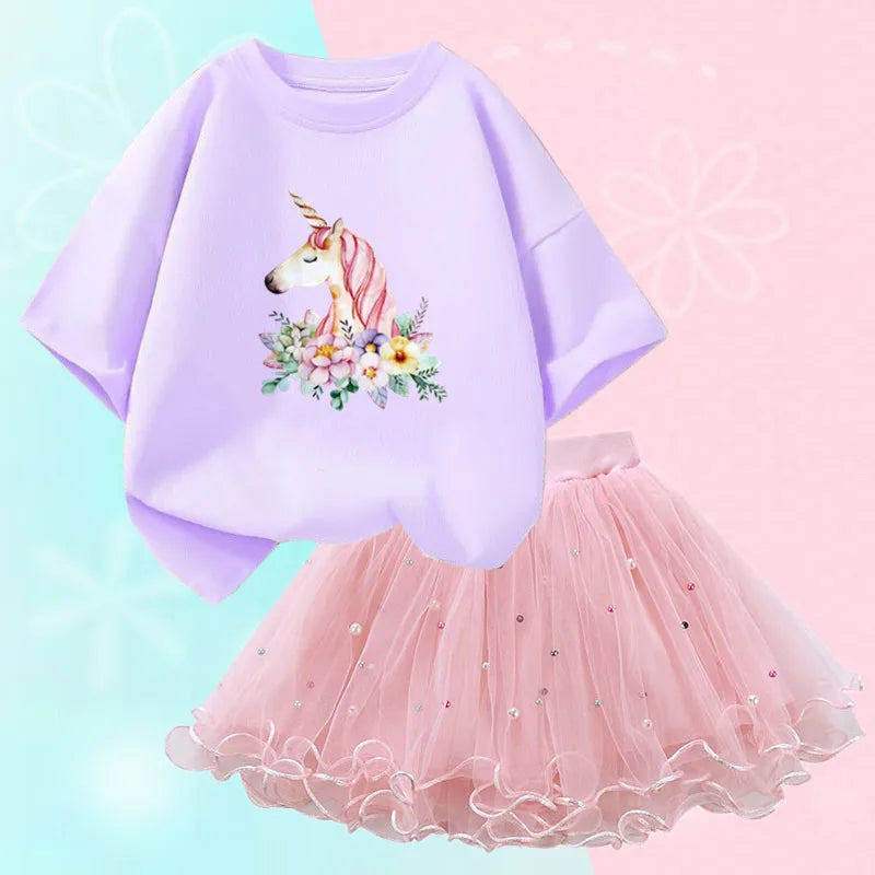 Fashion Summer Girls Clothes Korean Pretty T Shirt&mesh Tutu Skirt Two Piece Outfits Set 3-14 Year Children Party Clothing