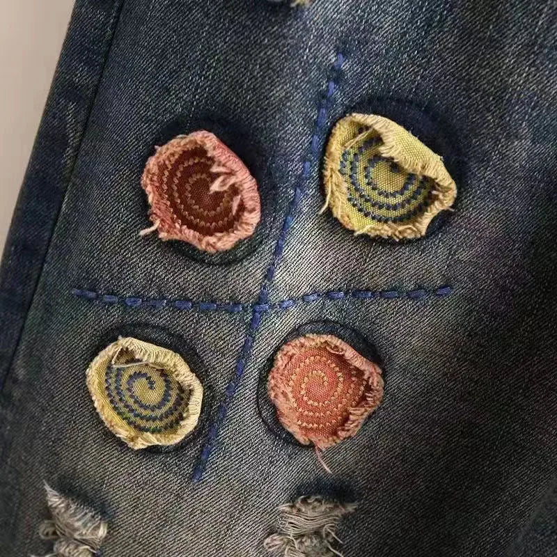 New Women Embroidery Retro Denim Jeans 2024 Spring Autumn High Waist Nine Points Cowboy Trousers Denim Harlan Pants Femme