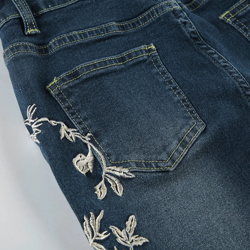 Plant Printed Embroidery Y2K Flare Jeans Women Vintage Skinny Boot Cut Trousers Fashion Street 2000s Denim Pants Fall