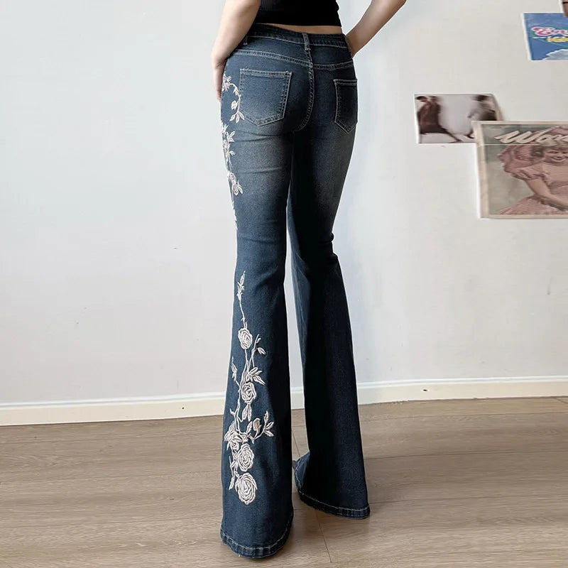 Plant Printed Embroidery Y2K Flare Jeans Women Vintage Skinny Boot Cut Trousers Fashion Street 2000s Denim Pants Fall