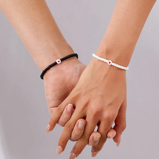 Set 2 Pulseras Pareja Cuentas Corazón San Valentín