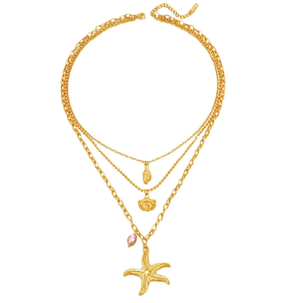 Collar Colgante Estrella de Mar Concha y Perla 3 en 1 para Mujer