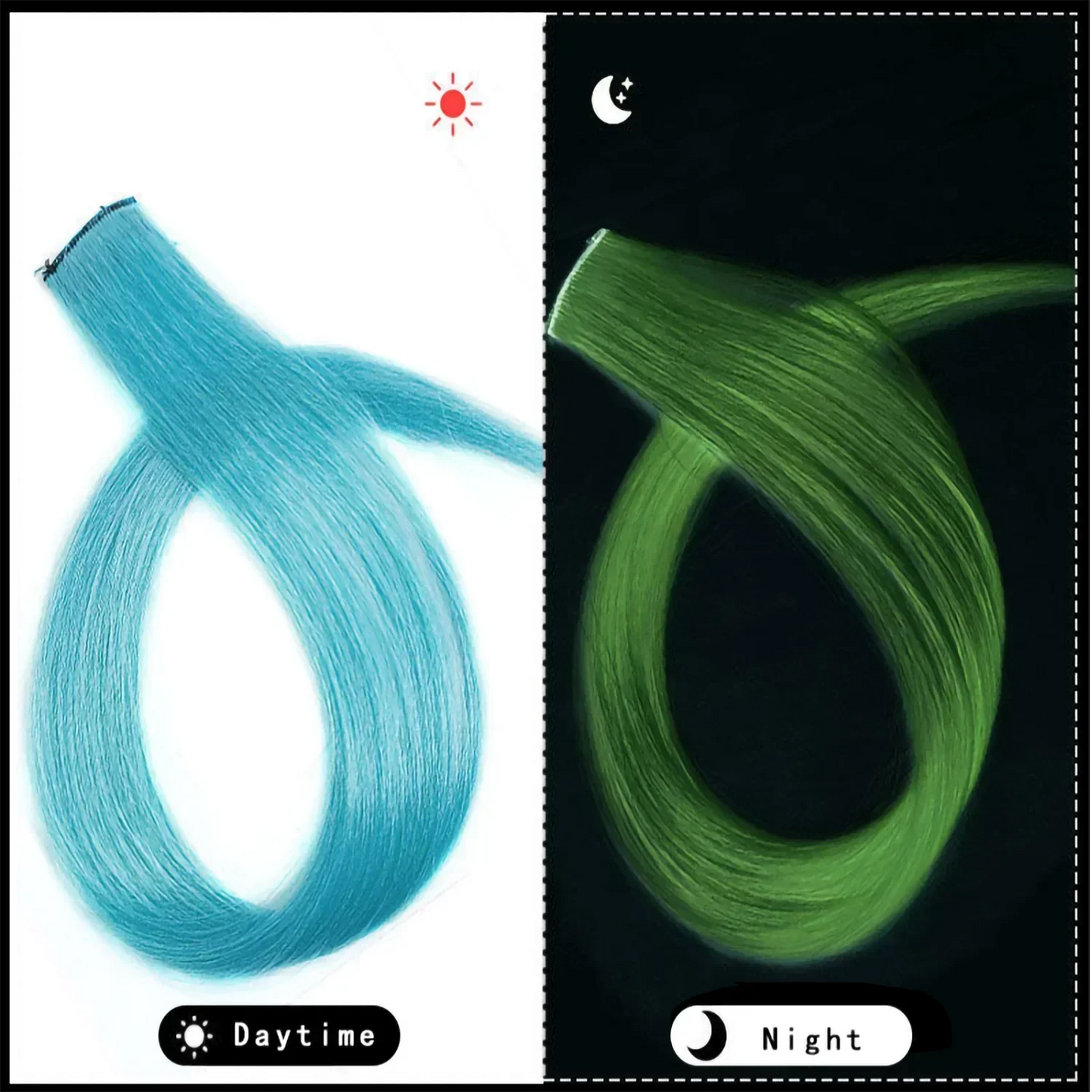 Extensión de Cabello Sintética 20" con Clip que Brilla en la Oscuridad – Mechones Luminosos de Colores