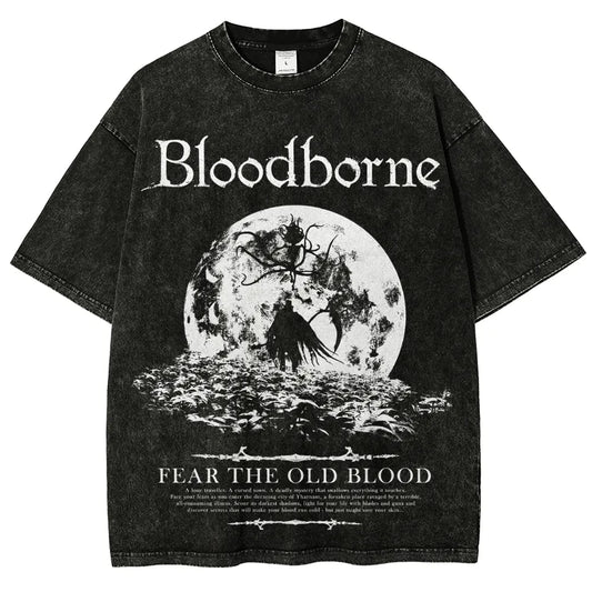 Camiseta Nueva Moda Top Juego Acción RPG Bloodborne Estampado Periféricos Vintage Lavado Algodón Hombre Mujer Holgada Oversize