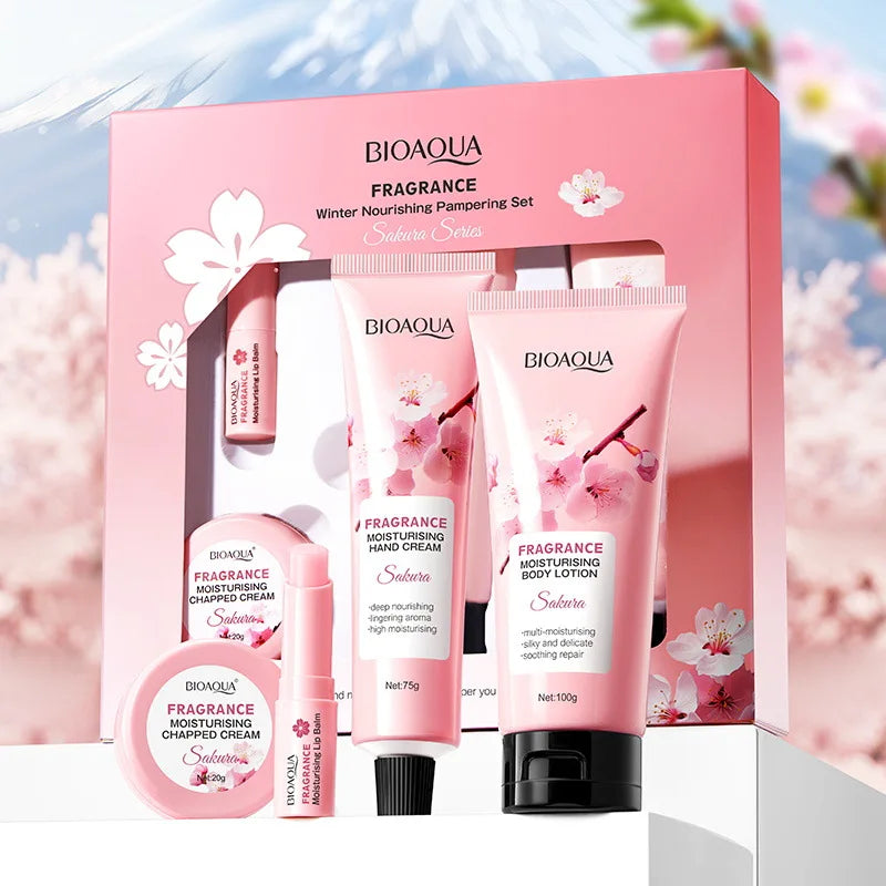 Kit Sakura BIOAQUA 4 Piezas - Crema Corporal, Manos, Labios y Loción