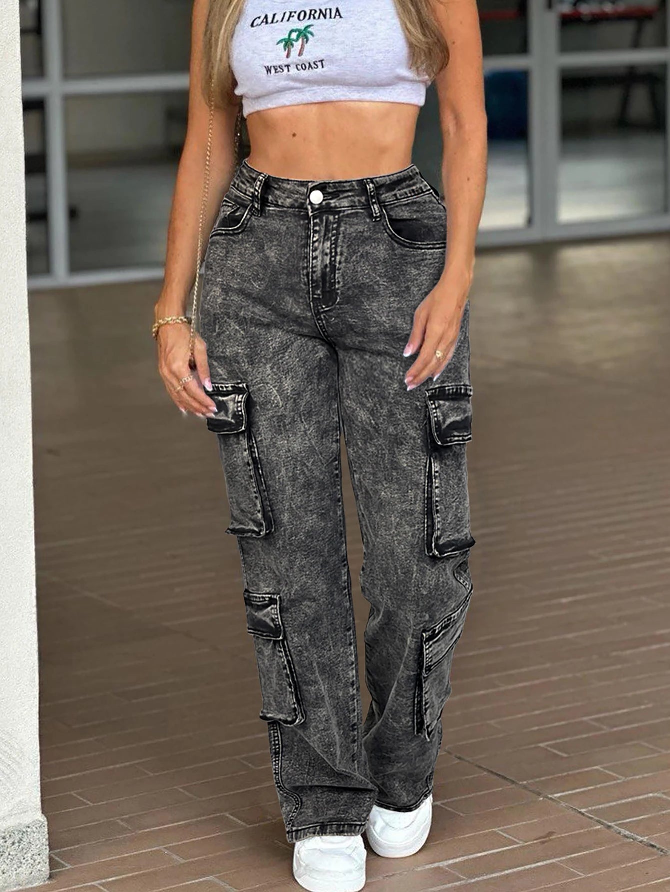 Vintage Y2k Washed Multi-Flap Pocket Straight Leg Cargo Jeans Women's Mid-Rise Versatile Streetwear Campu Sall Seasons Match
