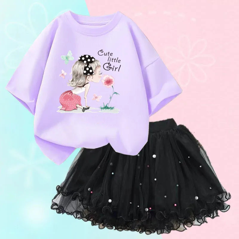 Fashion Summer Girls Clothes Korean Pretty T Shirt&mesh Tutu Skirt Two Piece Outfits Set 3-14 Year Children Party Clothing