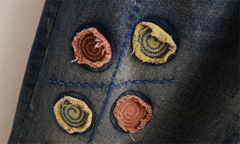 New Women Embroidery Retro Denim Jeans 2024 Spring Autumn High Waist Nine Points Cowboy Trousers Denim Harlan Pants Femme