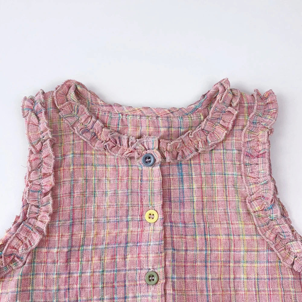 Bear Leader Summer Kids Fashion Outfits Girls Clothing Sets Pink Plaid Sleeveless Top + Wide Leg Pants Lace Two-piece Suits