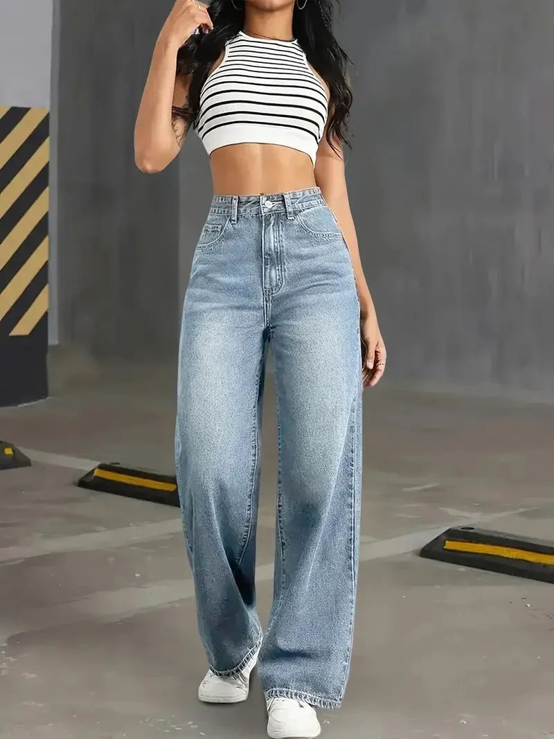 Y2k Jeans Jeans for Woman Classic Blue Elastic Straight Leg Simple Design Retro Style Stretchy Denim Trousers