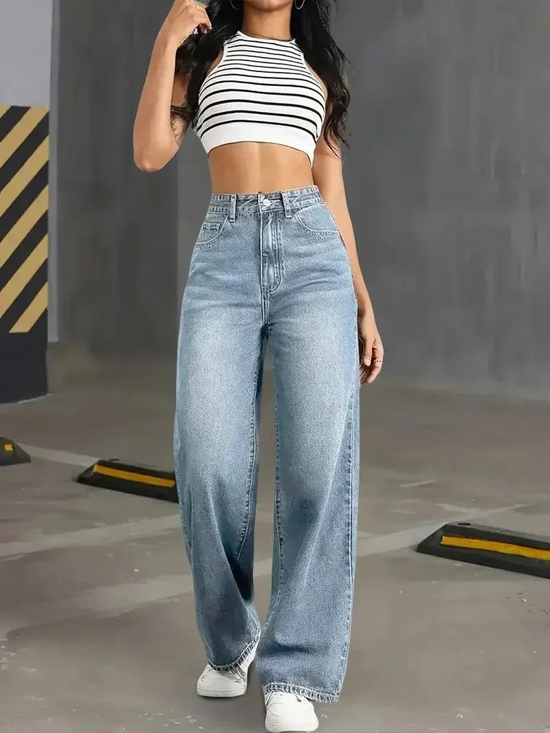 Y2k Jeans Jeans for Woman Classic Blue Elastic Straight Leg Simple Design Retro Style Stretchy Denim Trousers