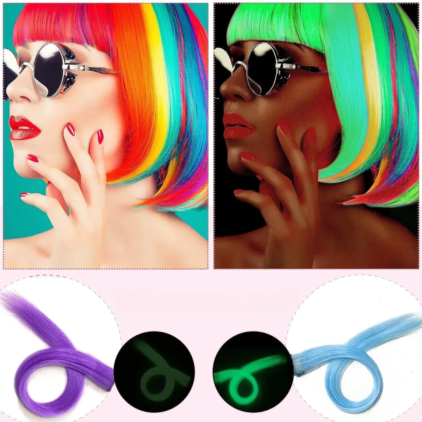 Extensión de Cabello Sintética 20" con Clip que Brilla en la Oscuridad – Mechones Luminosos de Colores