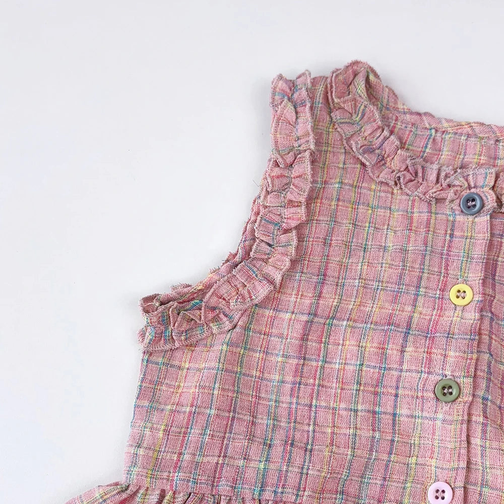 Bear Leader Summer Kids Fashion Outfits Girls Clothing Sets Pink Plaid Sleeveless Top + Wide Leg Pants Lace Two-piece Suits
