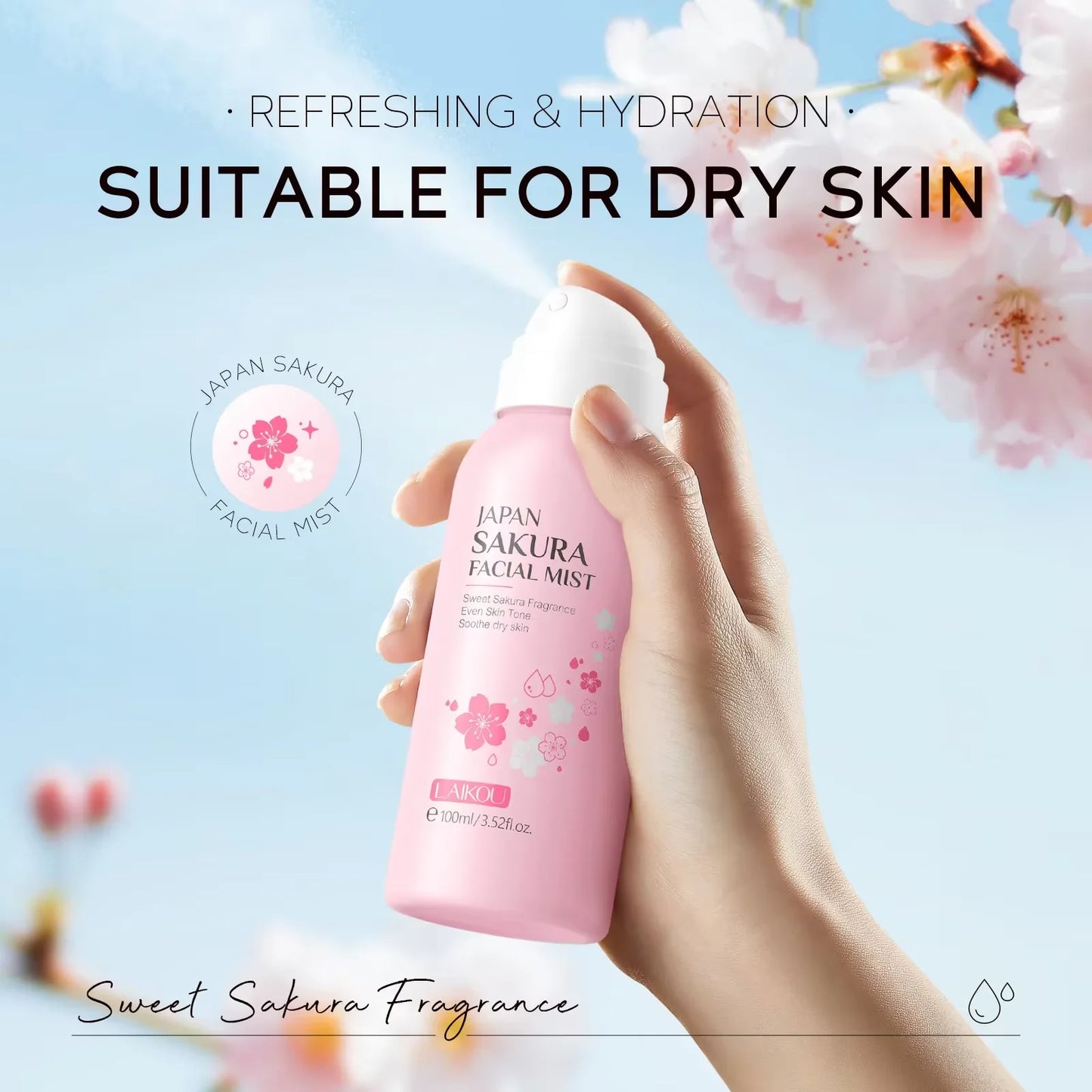 LAIKOU Sakura Facial Mist  Toner Hydrating Moisturize Gentle Repair Brightening Skin Improve Glow Serum Toner Spray 100ml