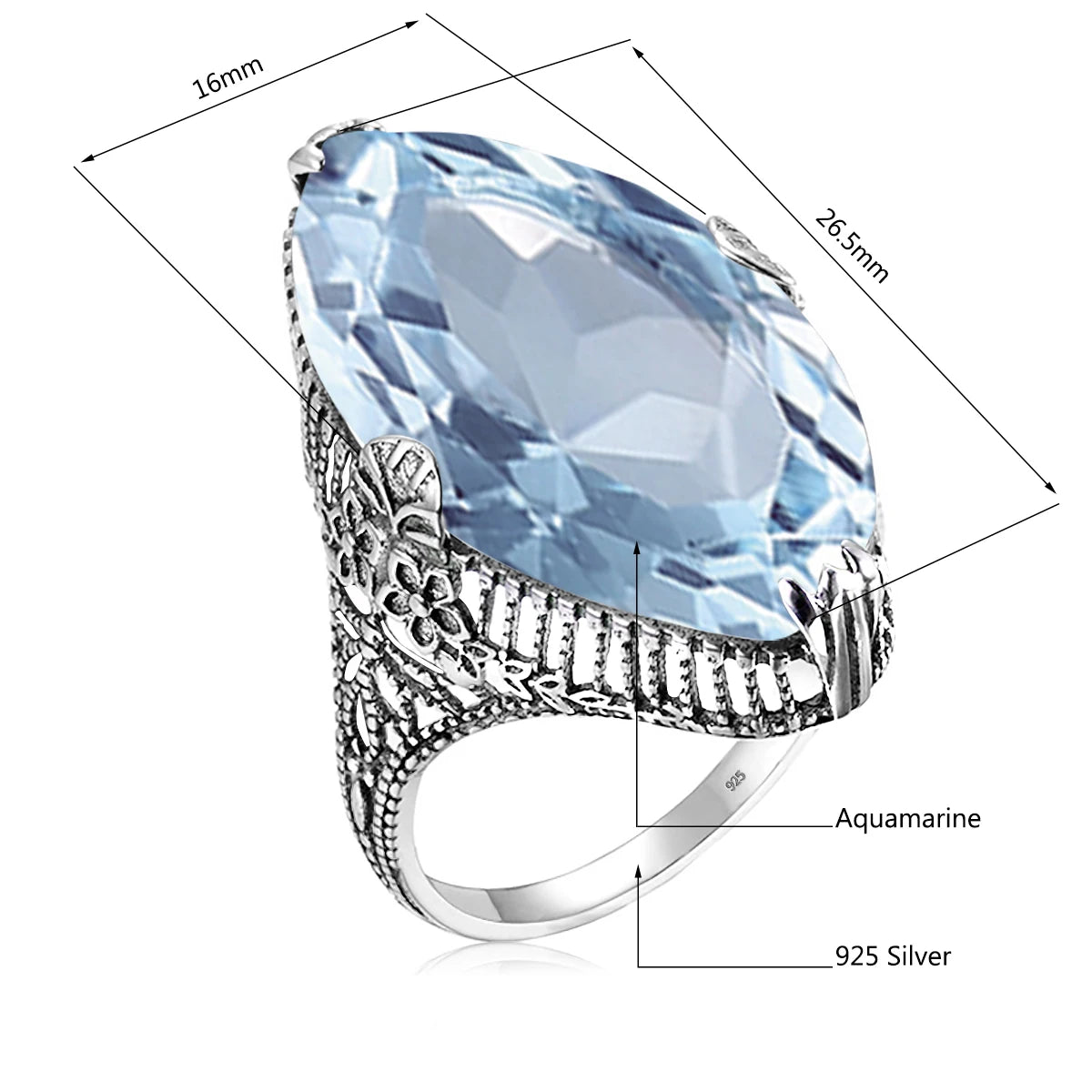 Anillo Cóctel Aquamarine Azul Cielo Ovalado Plata 925 para Mujer