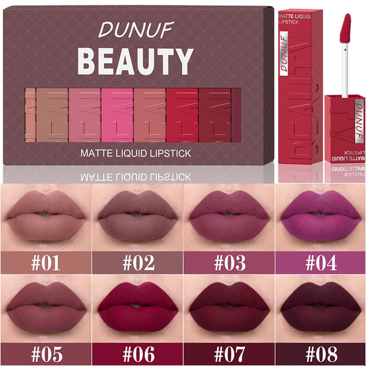Set 8 Lip Gloss Mate Waterproof Hidratante Larga Duración - Labial Líquido No Mancha Tonos Nude Maquillaje