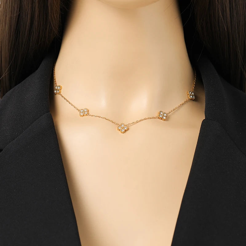 Set Collar Pulsera Aretes Trébol Hoja Zircon Acero Inoxidable para Mujer