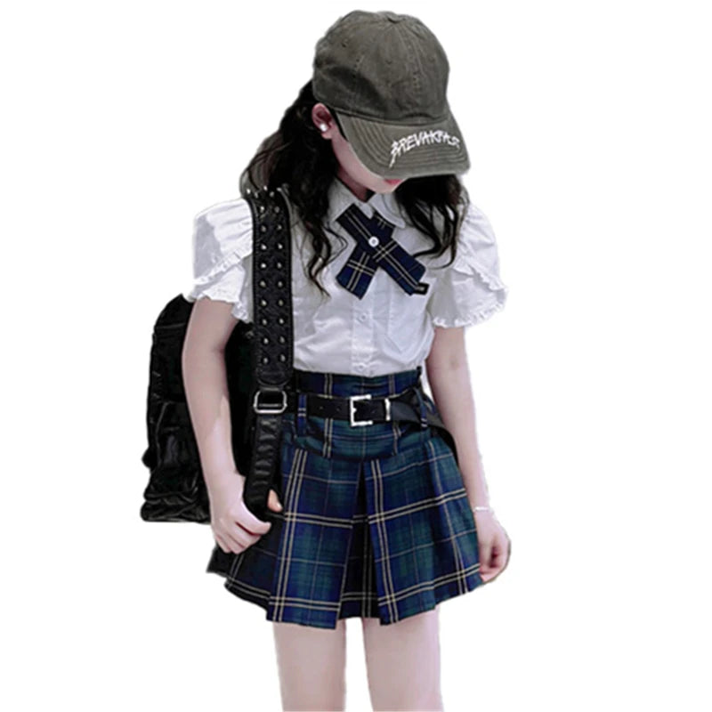 Conjunto Preppy Coreano de Verano para Niña – Blusa + Falda a Cuadros 2 Piezas con Cinturón