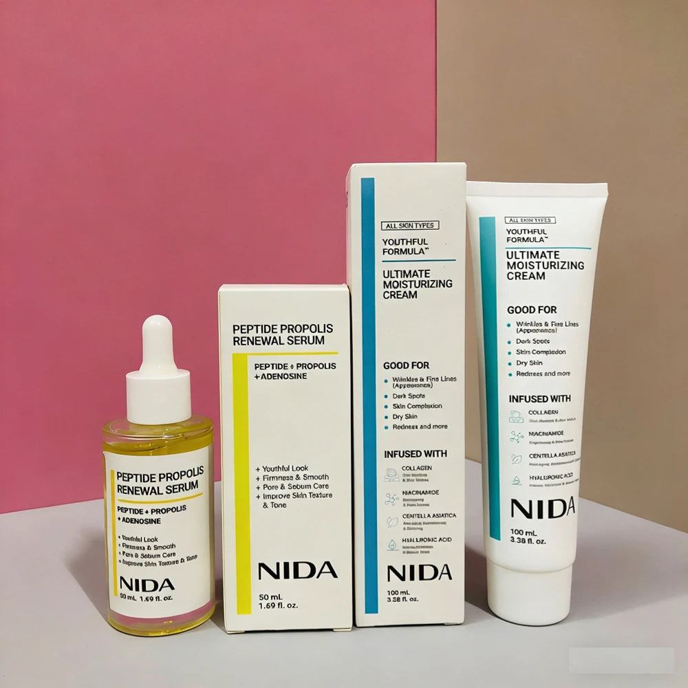 Kit Cuidado Facial NIDA Corea – Crema Hidratante, Retinol, Contorno de Ojos y Esencia TXA