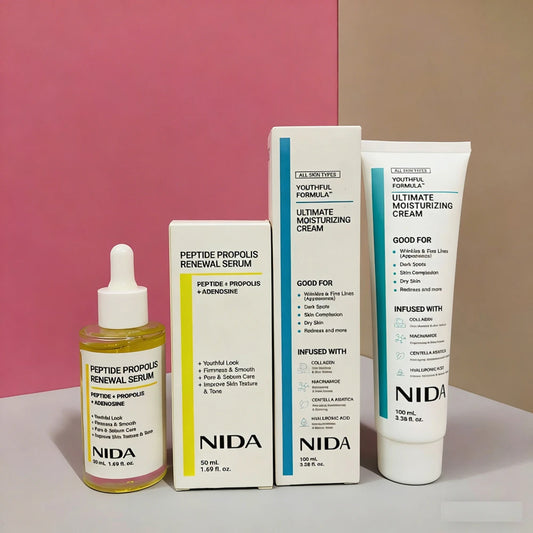Kit Cuidado Facial NIDA Corea – Crema Hidratante, Retinol, Contorno de Ojos y Esencia TXA