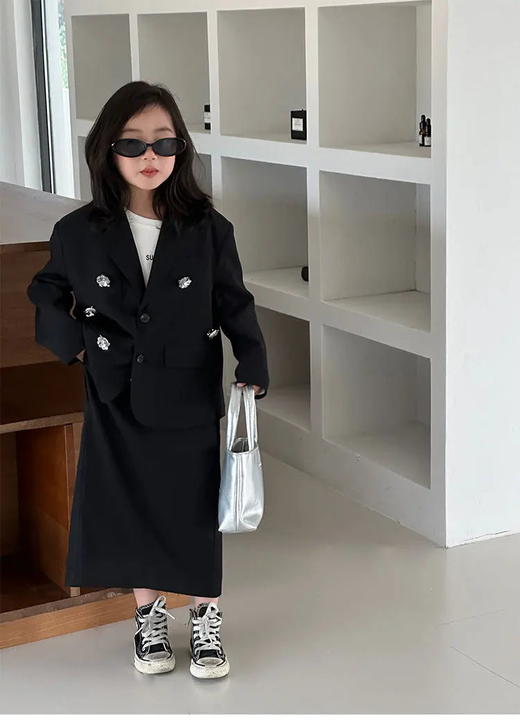 Girls Grey Suit Spring 2026 Casual Loose Blazer Skirt Two Pieces School Uniform for Kids Wedding Party Formal Costumes 2-13 Year