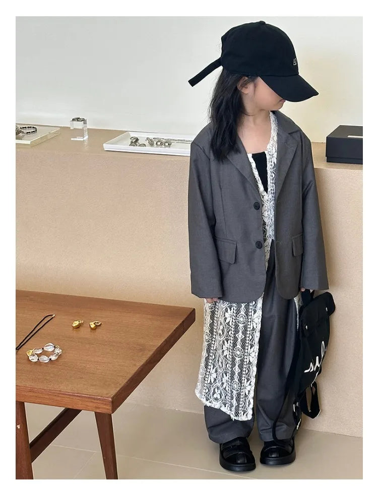 Girls Grey Suit Spring 2026 Casual Loose Blazer Skirt Two Pieces School Uniform for Kids Wedding Party Formal Costumes 2-13 Year