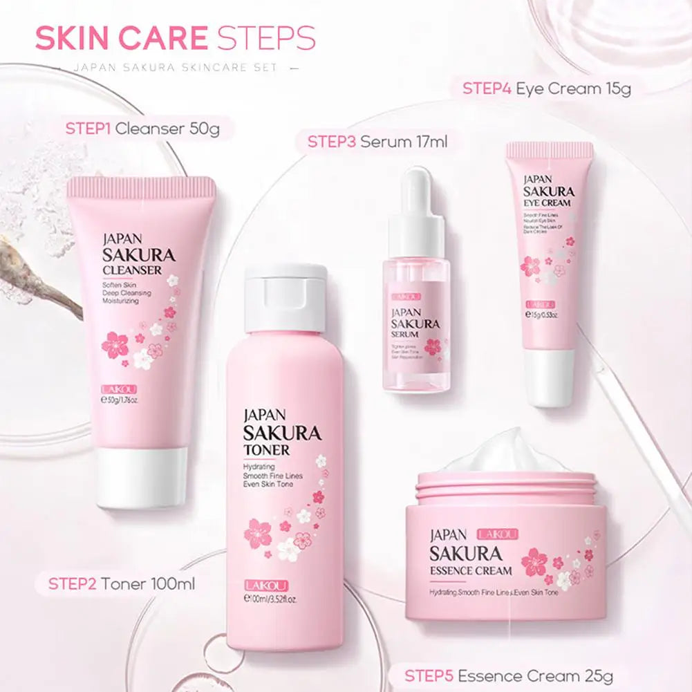 Set Sakura Cuidado Facial 5/6 Piezas – Crema, Sérum, Tónico, Limpiador y Contorno de Ojos