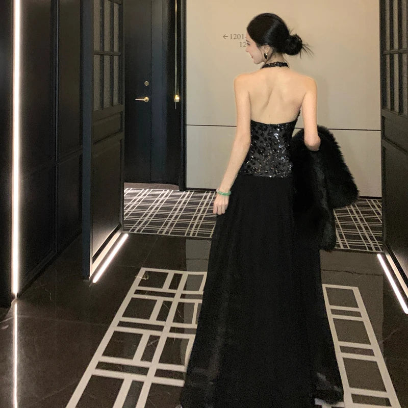 Vestido Largo Negro Cuello Halter y Espalda Descubierta para Mujer