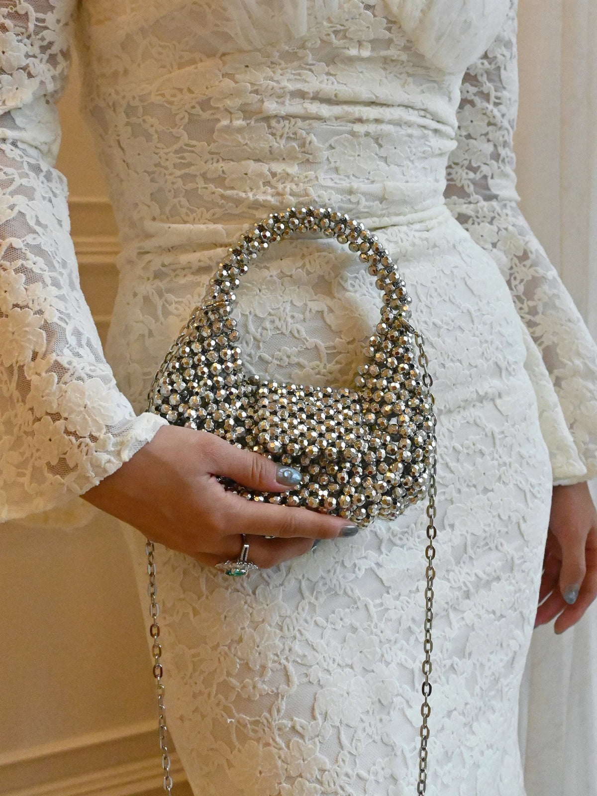 Bolso de Fiesta con Cuentas de Perlas y Cadena
