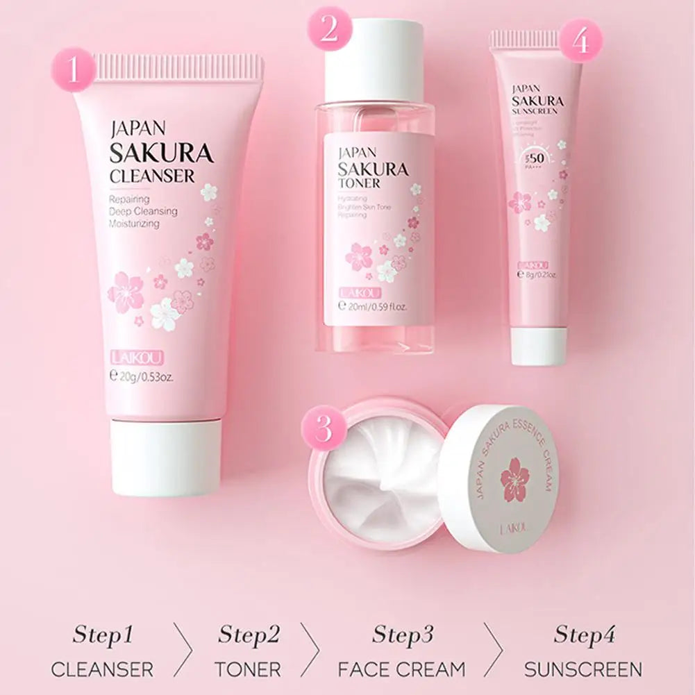 LAIKOU Set Skincare Sakura – Limpiador, Toner, Crema Facial y Protector Solar | Kit Viaje
