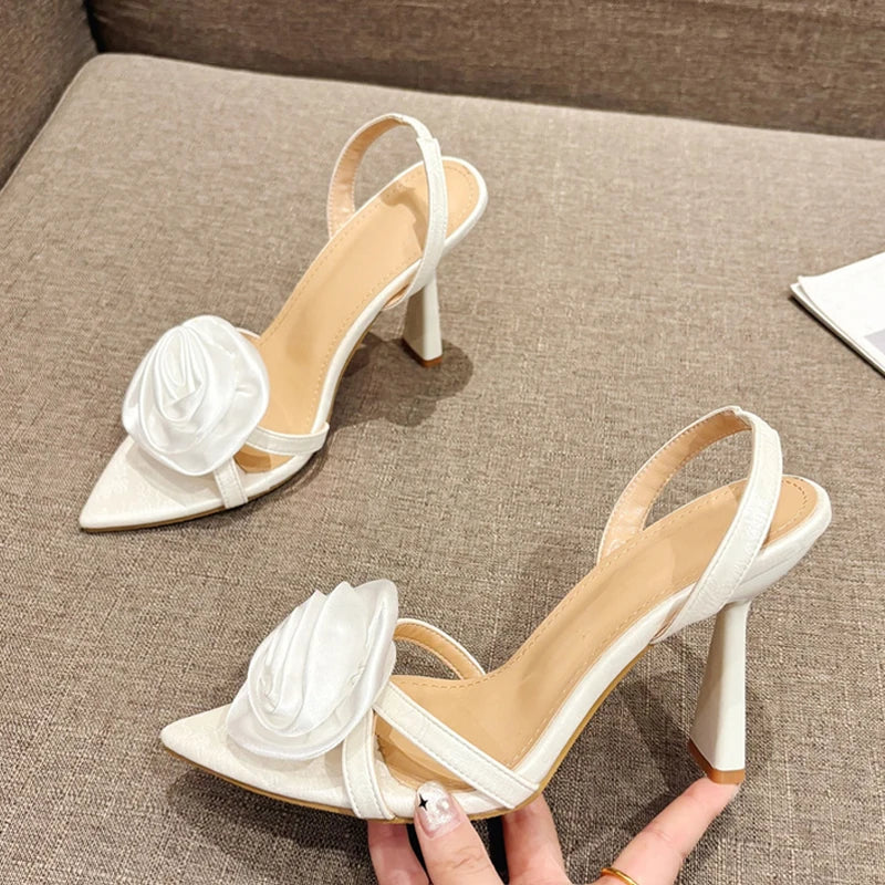 Sandalias Tacón Alto Flores Seda Mujer - Punta Abierta Tira Trasera Boda Fiesta