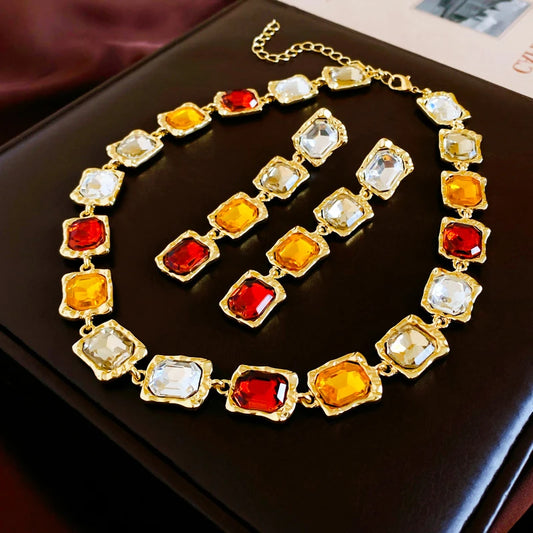 Set de Collar y Aretes con Rhinestone Geométrico Vintage – Joyería Fashion para Mujer