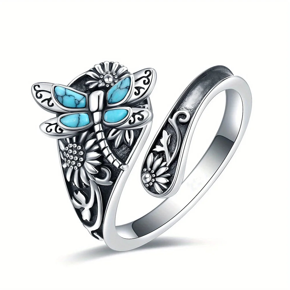 Anillo Vintage Flor Libellúla Ópalo Azul Ajustable Unisex