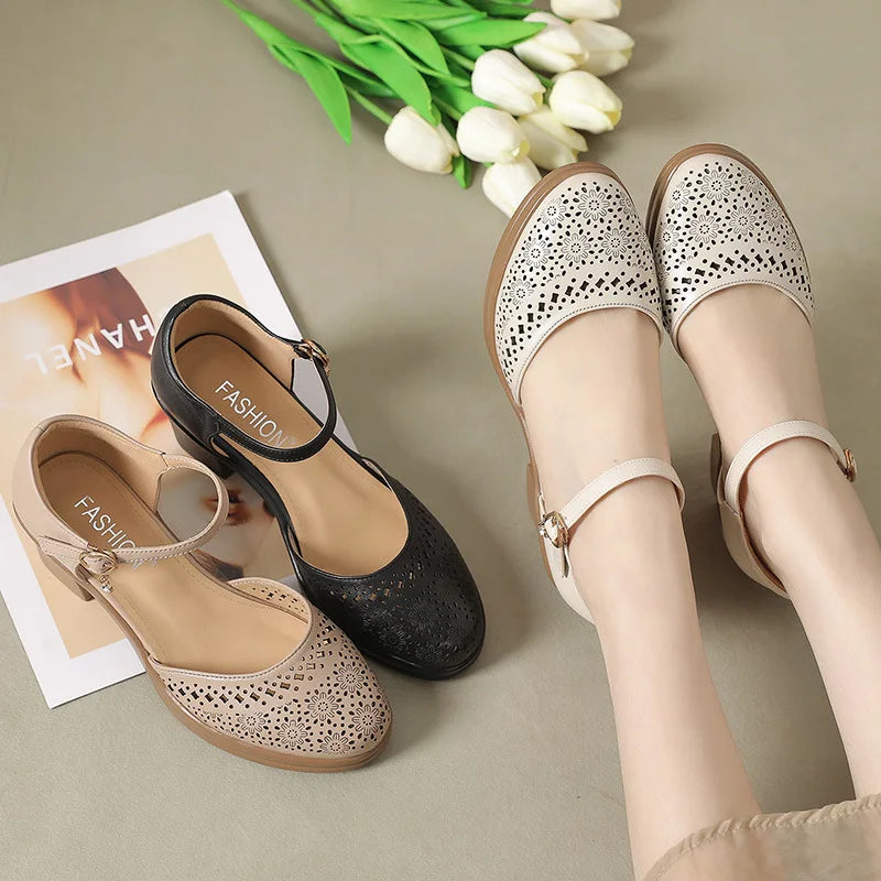 Sandalias Cuero Genuino Tacón Hueco Mujer - Estilo Retro Elegante 2026