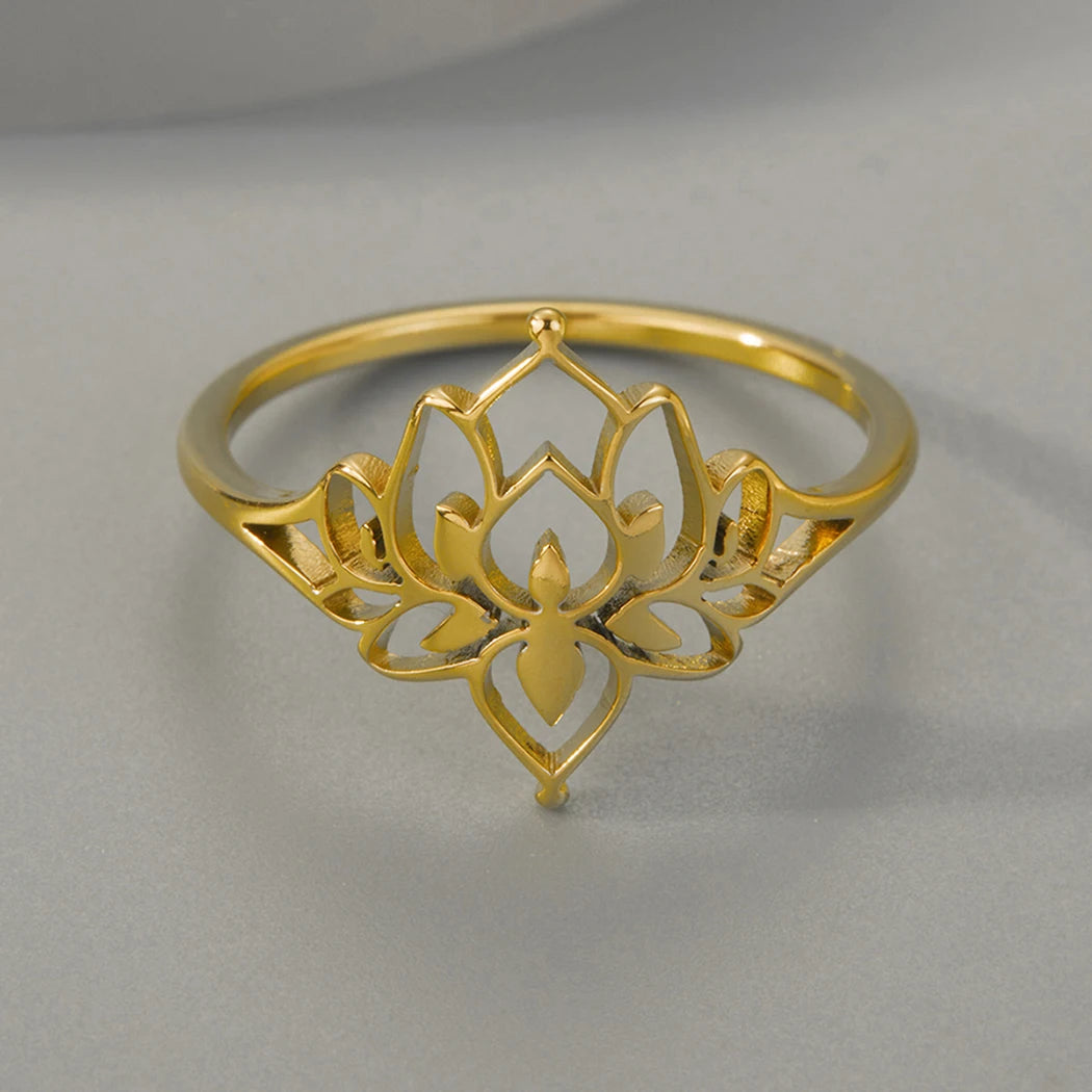 Anillo Loto Oxidado Acero Inoxidable Mujer
