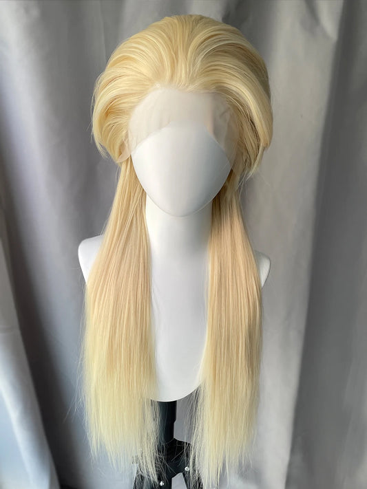 Peluca Mullet Larga Rubio Platino 613 – Frontal de Encaje 13x4 Sintética para Cosplay y Halloween