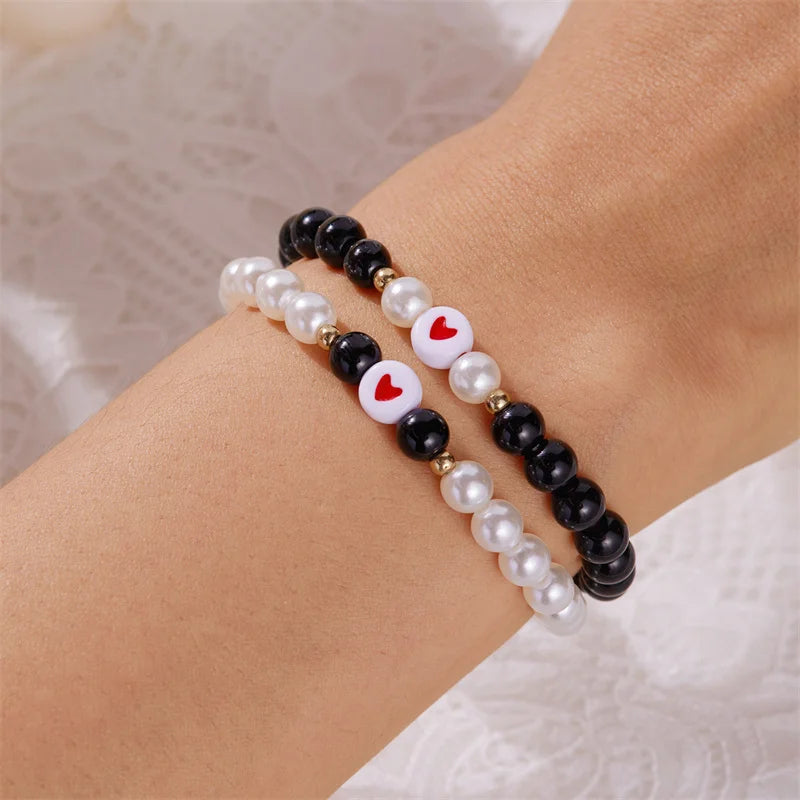Set 2 Pulseras Pareja Cuentas Corazón San Valentín