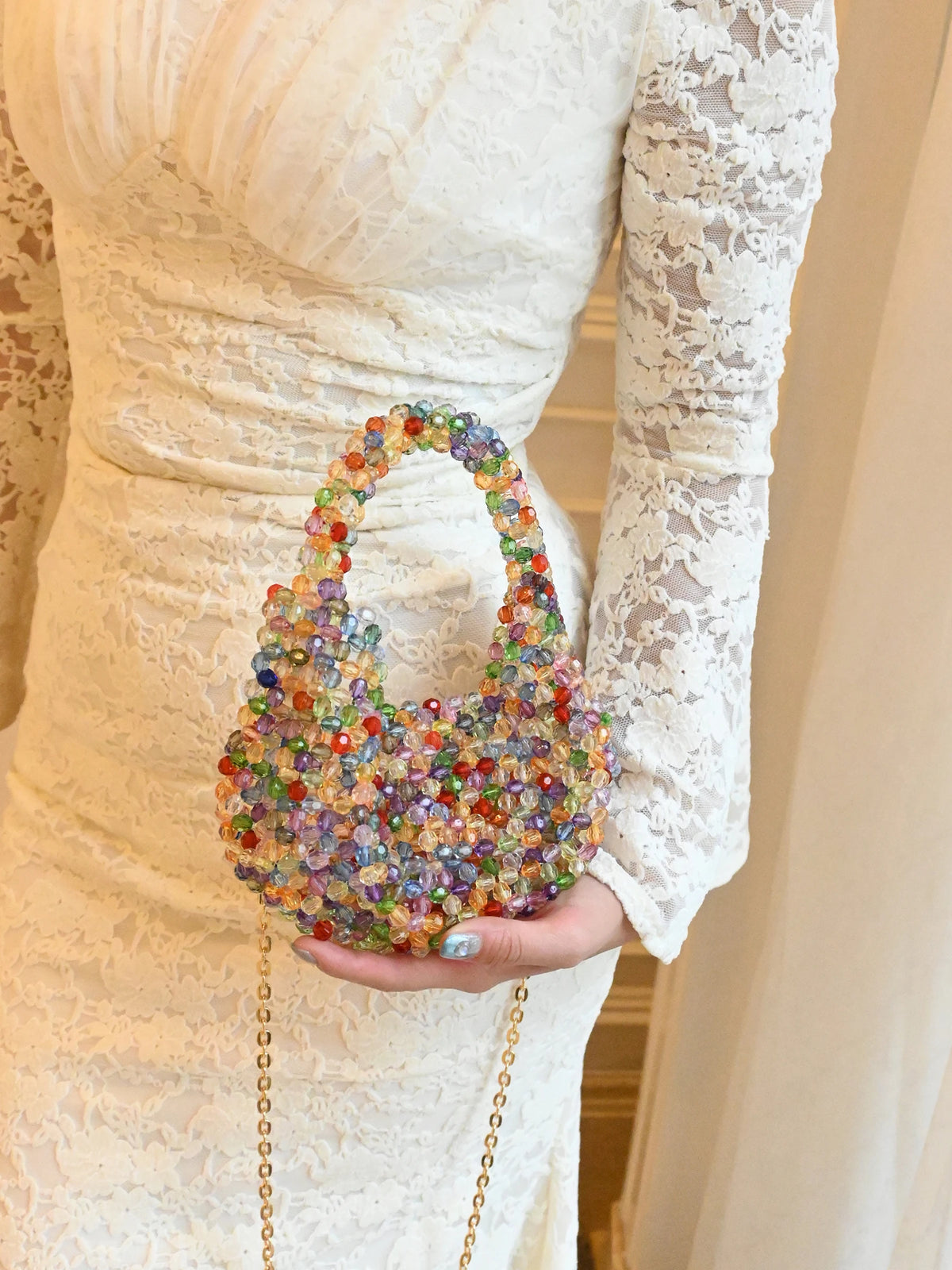Bolso de Fiesta con Cuentas de Perlas y Cadena