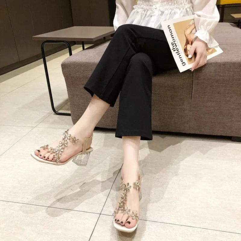 Summer Women Sandals Pvc Crystal Flower Decoration Chunky Heel Peep Toe Back Strap Elastic Band Elegant Fashion Shoes Ladies