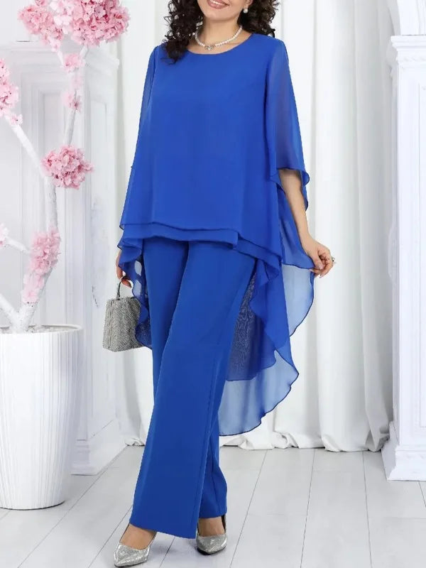 Conjunto Elegante 2 Piezas Mujer Chiffón Sólido Manga Media Top Largo con Capas Bordes Volantes y Pantalones Rectos Outfits