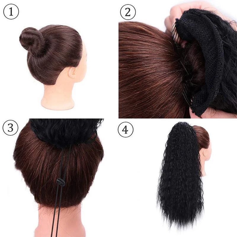 Cola de Caballo Kinky Curly Sintética 22 Pulgadas – Extensión con Clip y Cordón | Negro para Mujer